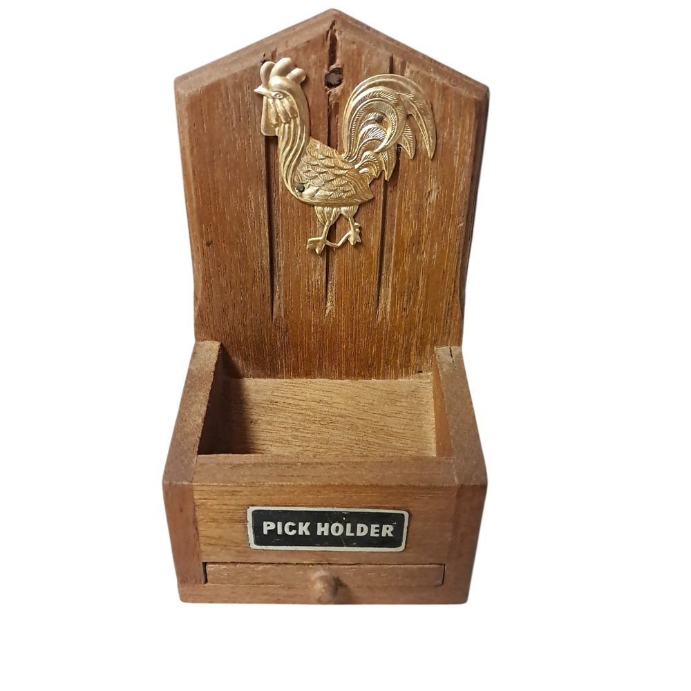 Vintage wooden toothpick dispenser/holder with a rooster emblem